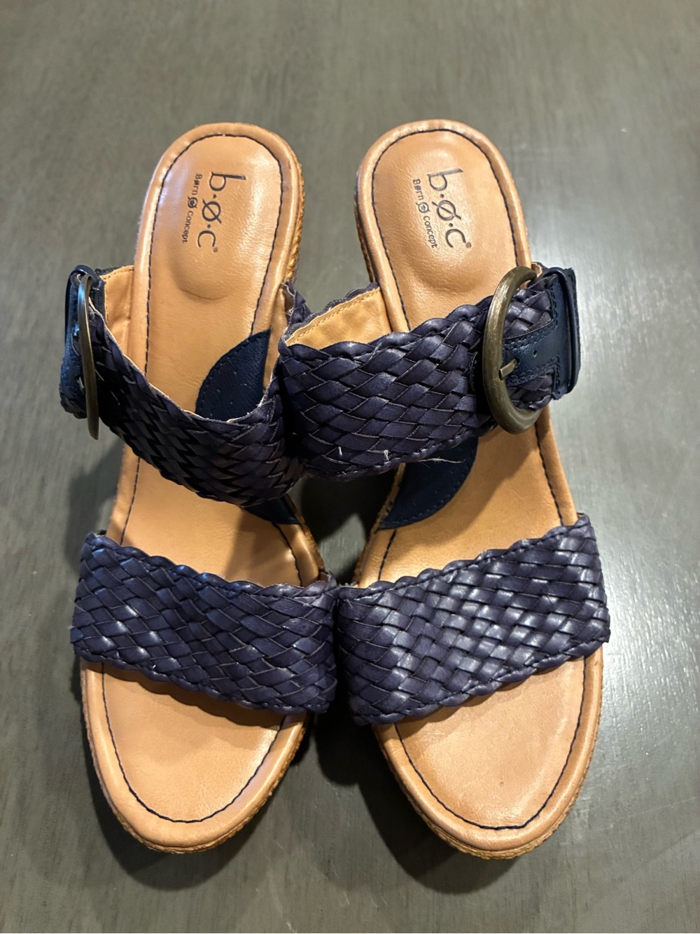 boc Navy Woven Buckle Wedge Sandals